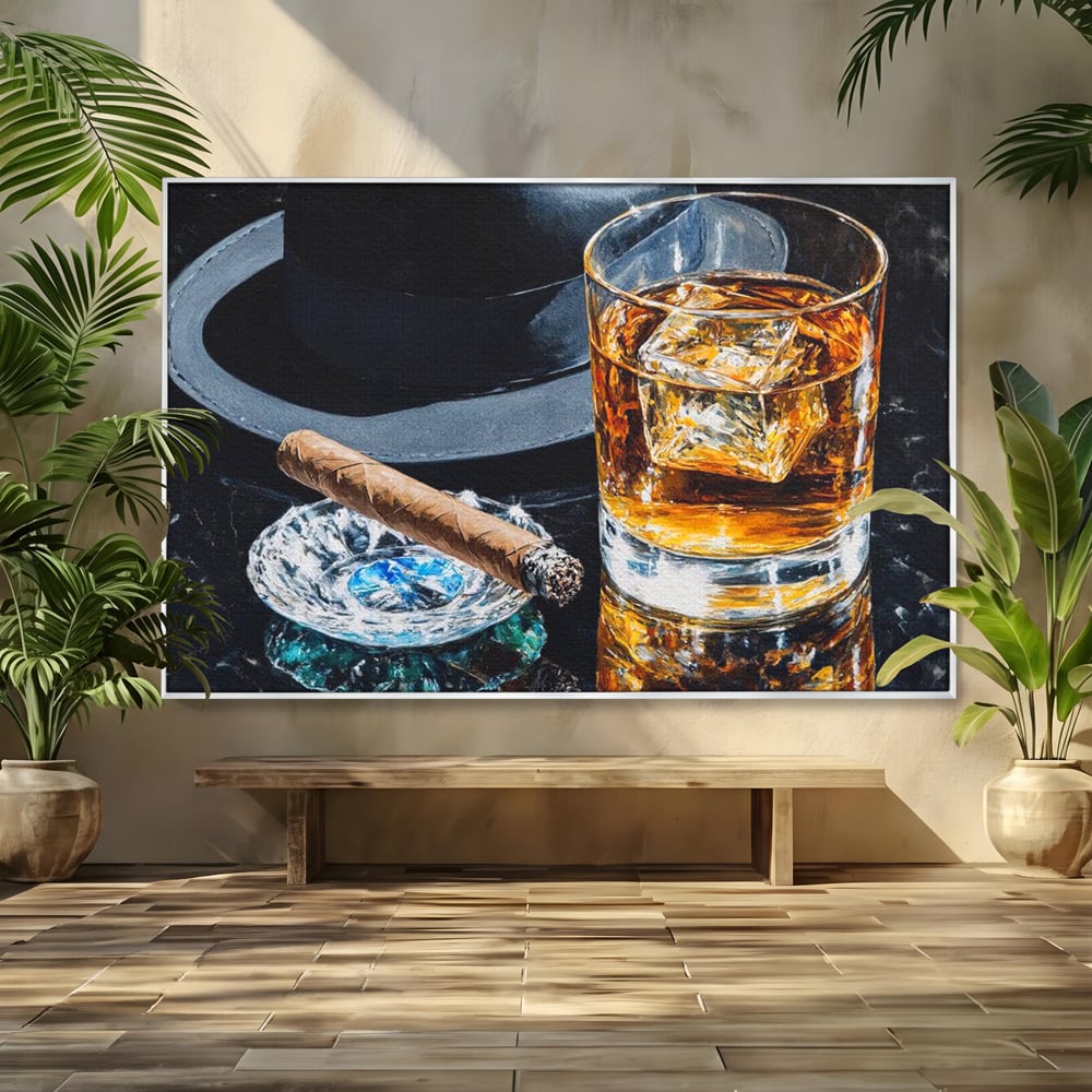 Leinwand Premium Canvas Wall Art, LuxCanva® N1041, Schuss Eleganz, Hüte, Zigarre, Whisky, Glas, Barmann, Gentleman, Marmor, Getränk, Luxus, Pub, Bar, Lounge, Restaurant, Küche