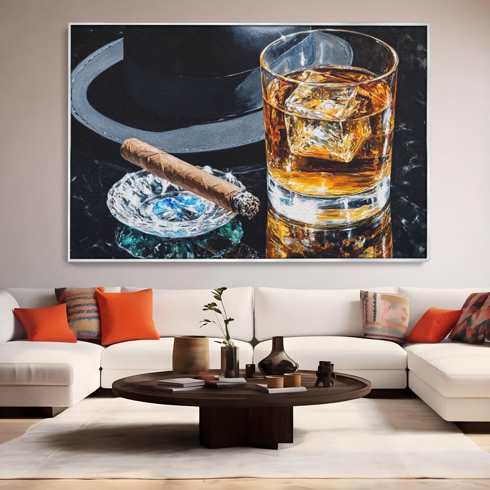 Leinwand Premium Canvas Wall Art, LuxCanva® N1041, Schuss Eleganz, Hüte, Zigarre, Whisky, Glas, Barmann, Gentleman, Marmor, Getränk, Luxus, Pub, Bar, Lounge, Restaurant, Küche