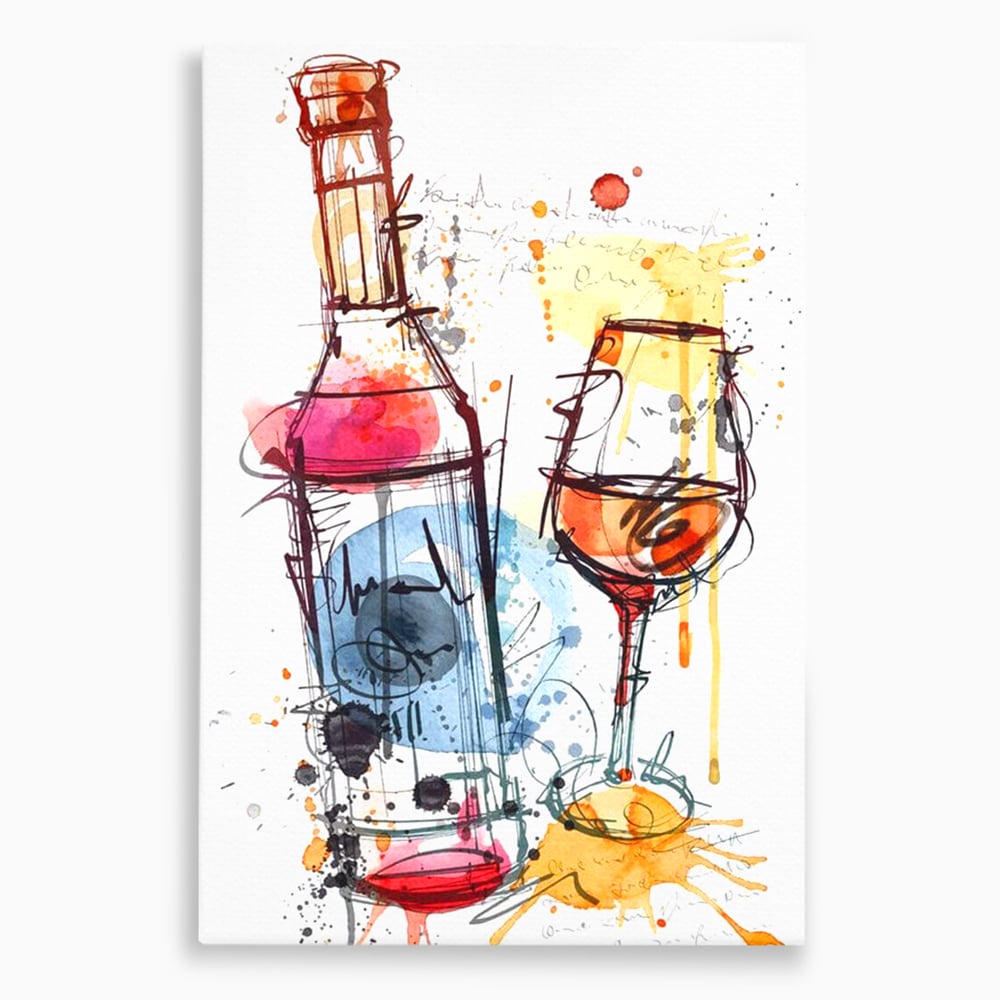Tablou Canvas Premium, LuxCanva® N1042, Petrecere in Acuarela, Vin, Pahar, Sticla, Pictura, Modern, Boem, Animat, Arta Abstracta, Pub, Lounge, Bar, Restaurant, Bucatarie