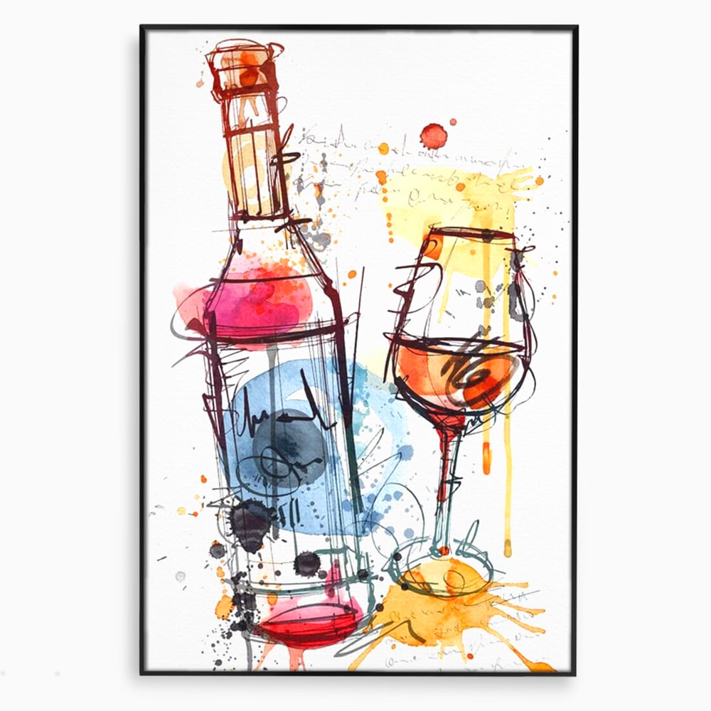 Tablou Canvas Premium, LuxCanva® N1042, Petrecere in Acuarela, Vin, Pahar, Sticla, Pictura, Modern, Boem, Animat, Arta Abstracta, Pub, Lounge, Bar, Restaurant, Bucatarie