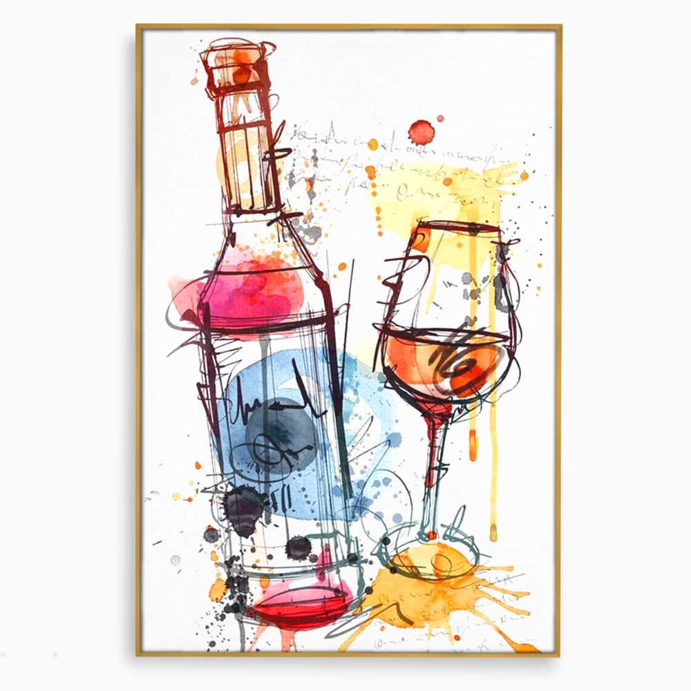Tablou Canvas Premium, LuxCanva® N1042, Petrecere in Acuarela, Vin, Pahar, Sticla, Pictura, Modern, Boem, Animat, Arta Abstracta, Pub, Lounge, Bar, Restaurant, Bucatarie