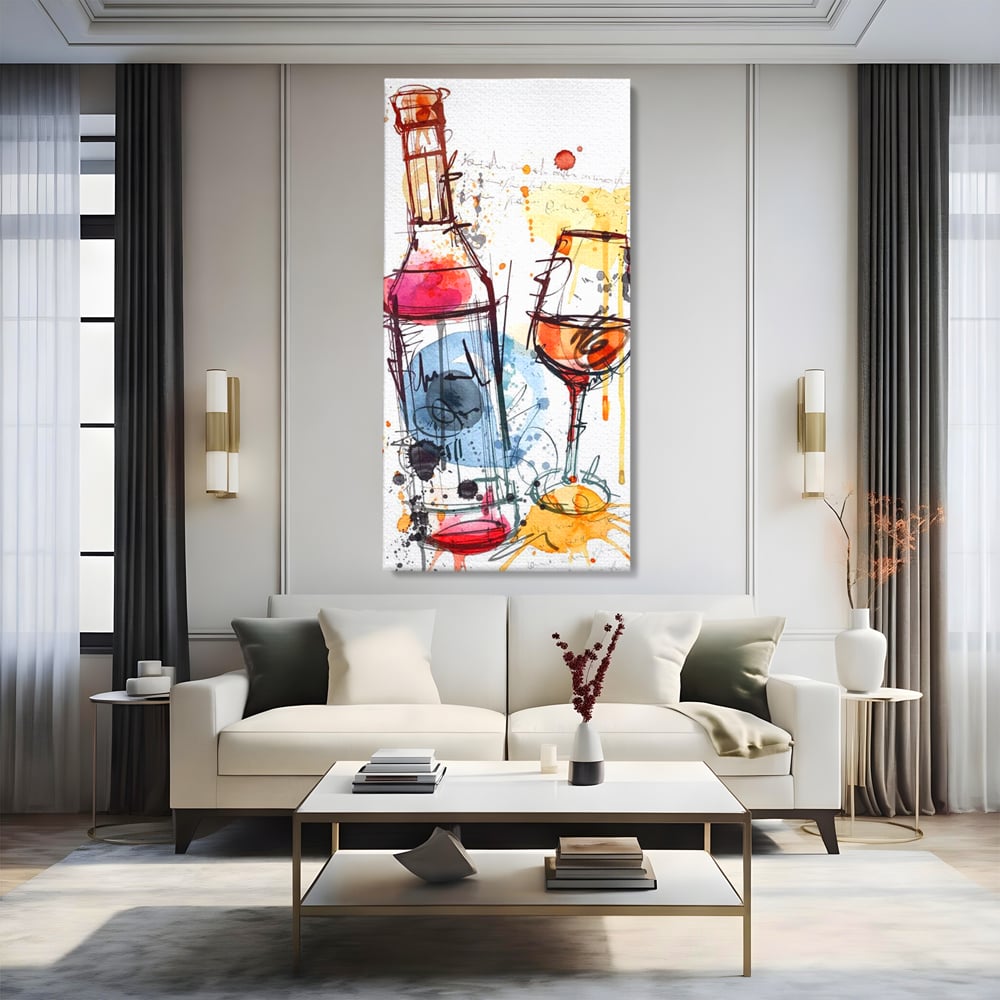 Tablou Canvas Premium, LuxCanva® N1042, Petrecere in Acuarela, Vin, Pahar, Sticla, Pictura, Modern, Boem, Animat, Arta Abstracta, Pub, Lounge, Bar, Restaurant, Bucatarie