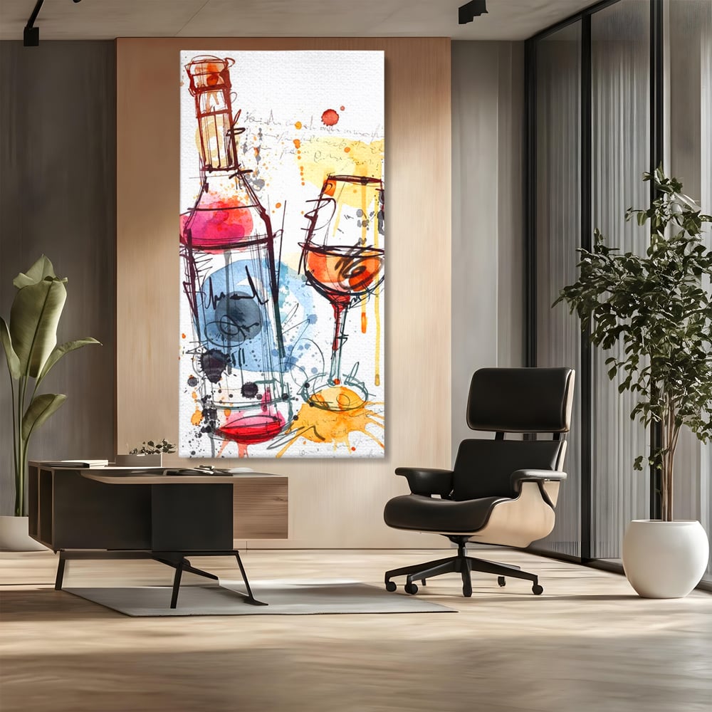 Tablou Canvas Premium, LuxCanva® N1042, Petrecere in Acuarela, Vin, Pahar, Sticla, Pictura, Modern, Boem, Animat, Arta Abstracta, Pub, Lounge, Bar, Restaurant, Bucatarie