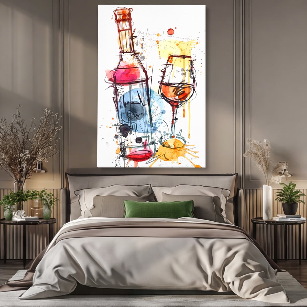 Tablou Canvas Premium, LuxCanva® N1042, Petrecere in Acuarela, Vin, Pahar, Sticla, Pictura, Modern, Boem, Animat, Arta Abstracta, Pub, Lounge, Bar, Restaurant, Bucatarie