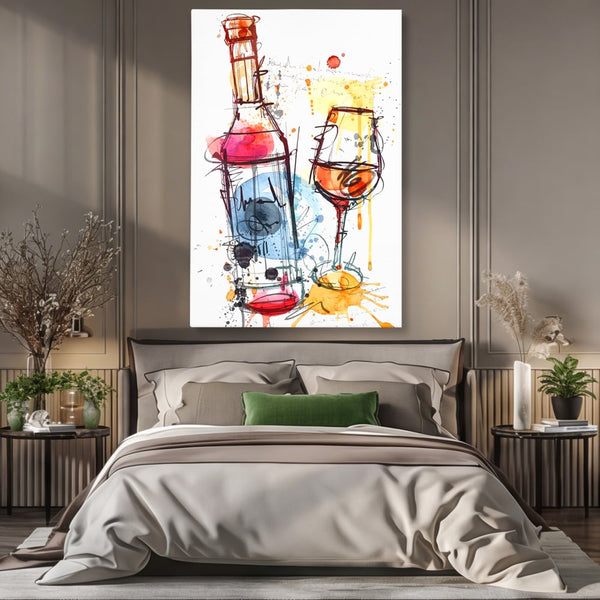 Tablou Canvas Premium, LuxCanva® N1042, Petrecere in Acuarela, Vin, Pahar, Sticla, Pictura, Modern, Boem, Animat, Arta Abstracta, Pub, Lounge, Bar, Restaurant, Bucatarie
