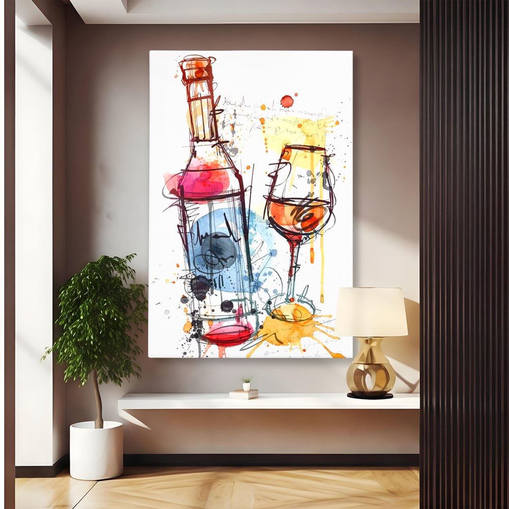 Tablou Canvas Premium, LuxCanva® N1042, Petrecere in Acuarela, Vin, Pahar, Sticla, Pictura, Modern, Boem, Animat, Arta Abstracta, Pub, Lounge, Bar, Restaurant, Bucatarie