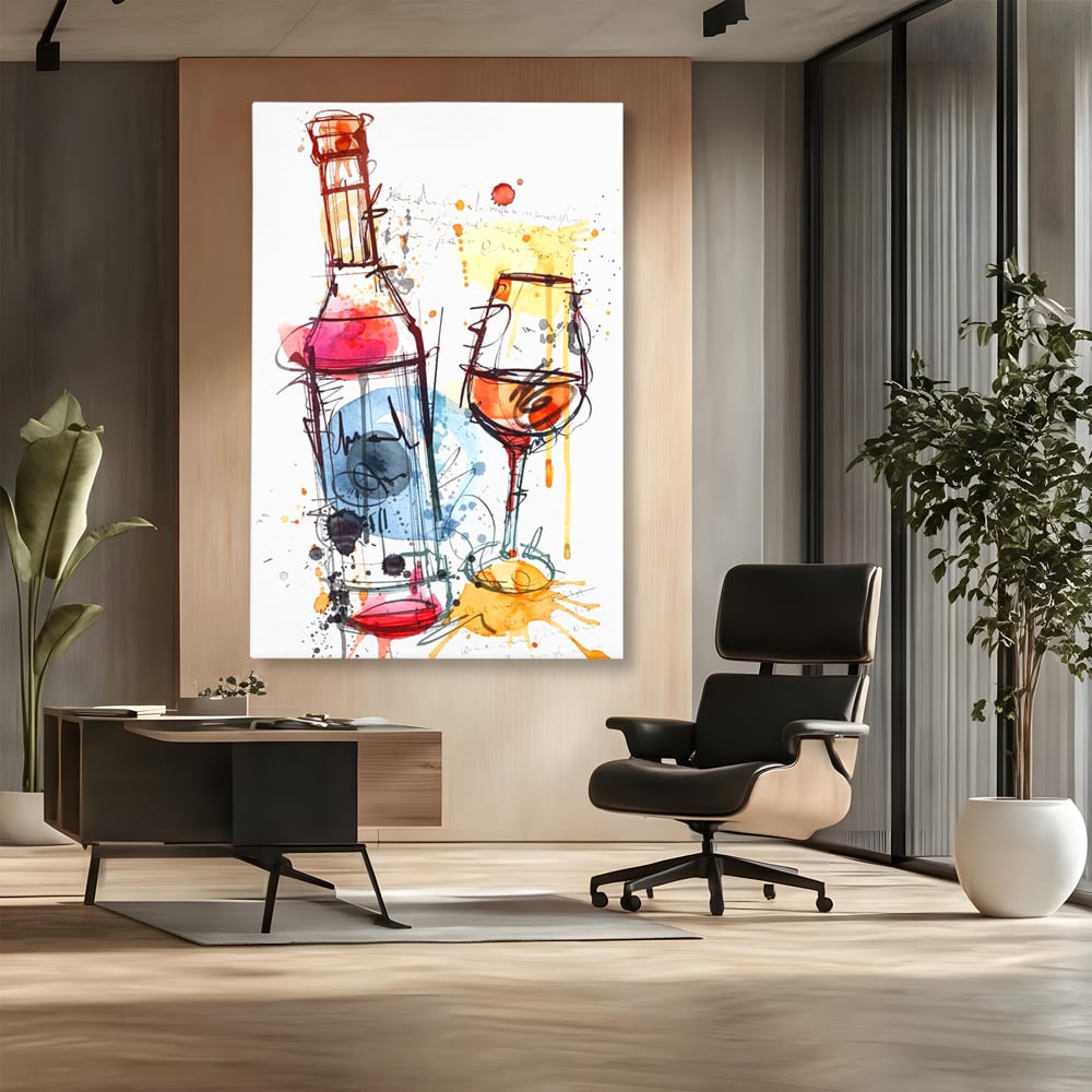 Tablou Canvas Premium, LuxCanva® N1042, Petrecere in Acuarela, Vin, Pahar, Sticla, Pictura, Modern, Boem, Animat, Arta Abstracta, Pub, Lounge, Bar, Restaurant, Bucatarie