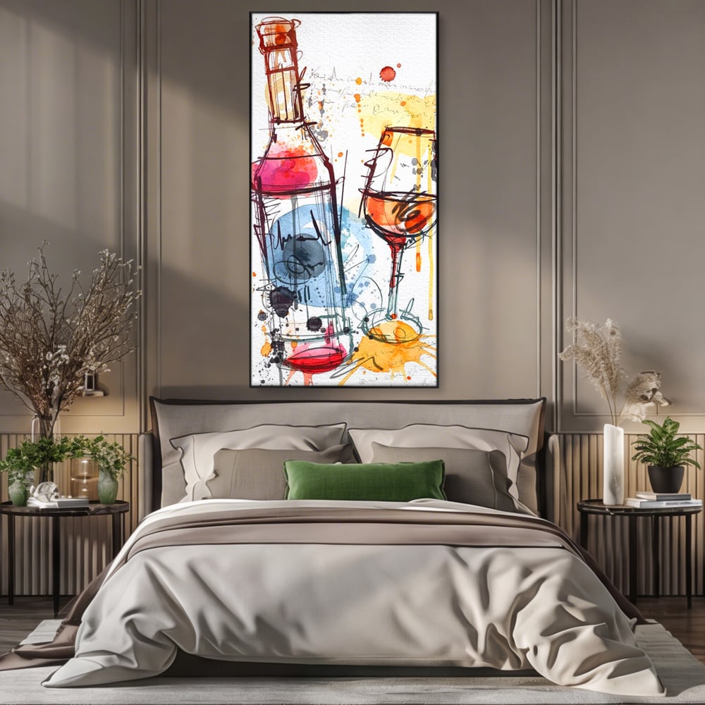 Tablou Canvas Premium, LuxCanva® N1042, Petrecere in Acuarela, Vin, Pahar, Sticla, Pictura, Modern, Boem, Animat, Arta Abstracta, Pub, Lounge, Bar, Restaurant, Bucatarie