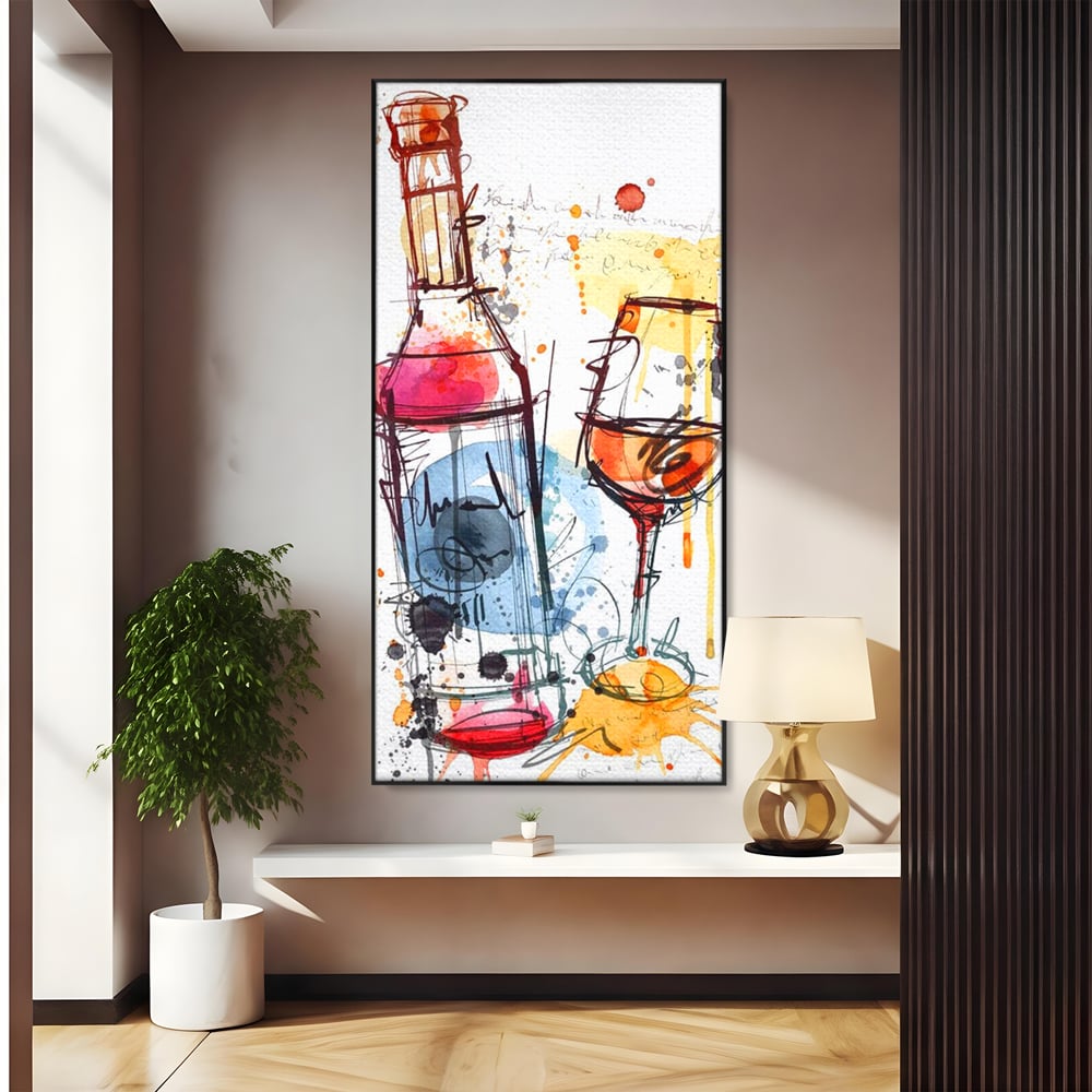Tablou Canvas Premium, LuxCanva® N1042, Petrecere in Acuarela, Vin, Pahar, Sticla, Pictura, Modern, Boem, Animat, Arta Abstracta, Pub, Lounge, Bar, Restaurant, Bucatarie