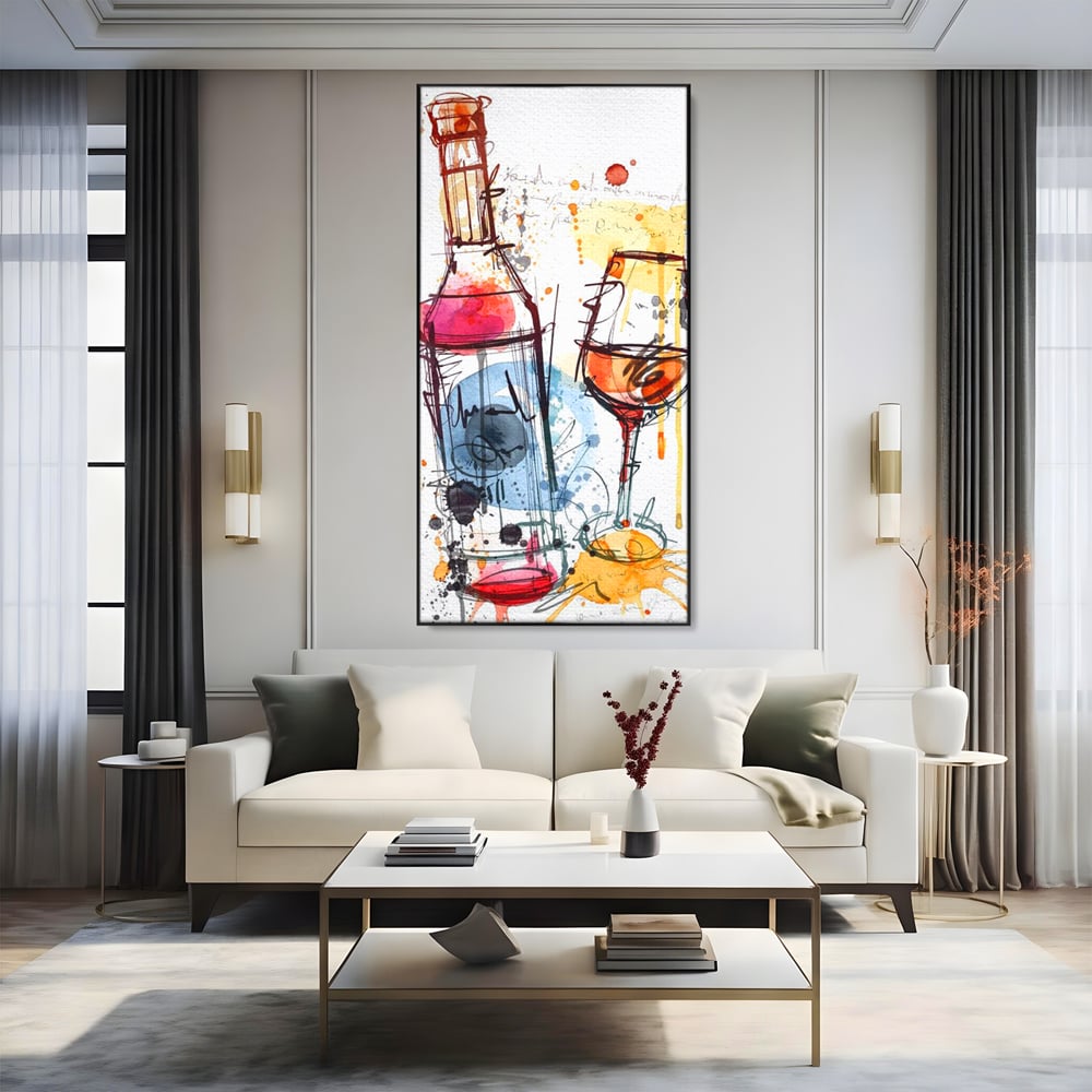 Tablou Canvas Premium, LuxCanva® N1042, Petrecere in Acuarela, Vin, Pahar, Sticla, Pictura, Modern, Boem, Animat, Arta Abstracta, Pub, Lounge, Bar, Restaurant, Bucatarie