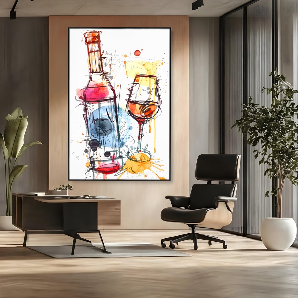 Tablou Canvas Premium, LuxCanva® N1042, Petrecere in Acuarela, Vin, Pahar, Sticla, Pictura, Modern, Boem, Animat, Arta Abstracta, Pub, Lounge, Bar, Restaurant, Bucatarie