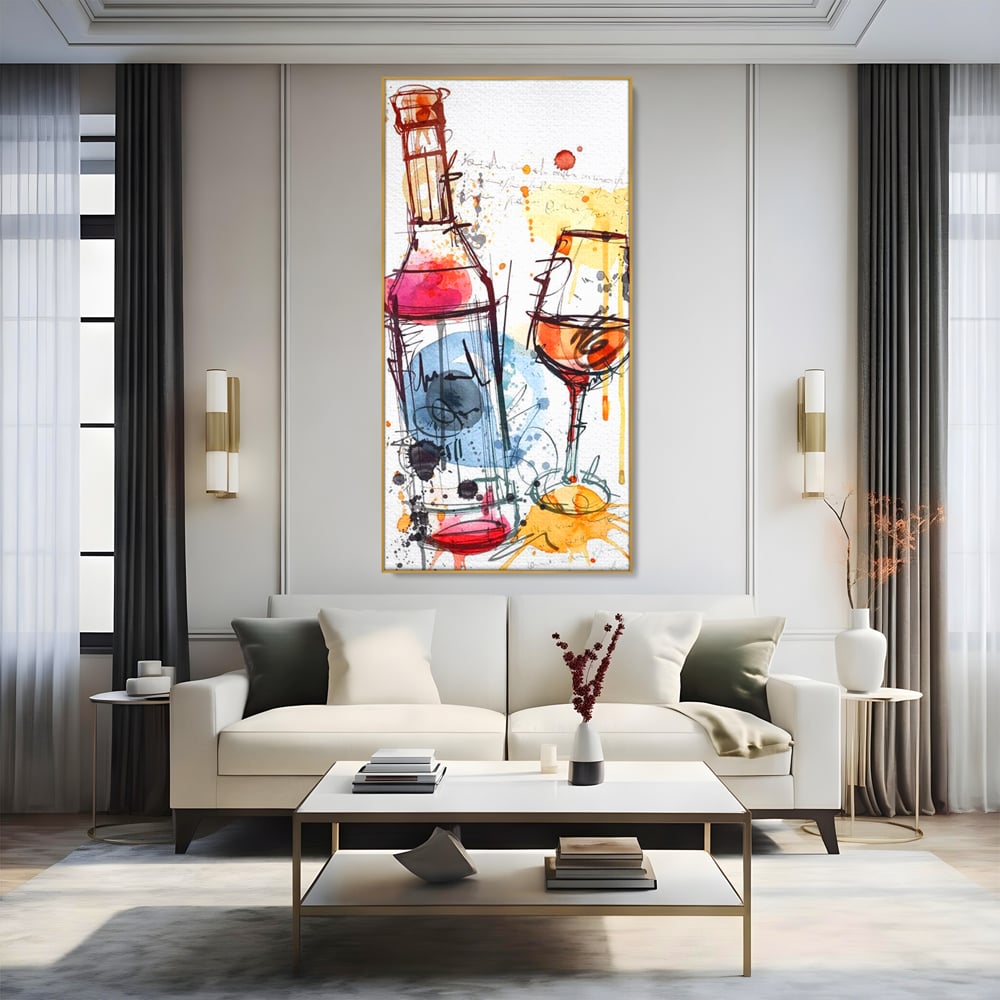 Tablou Canvas Premium, LuxCanva® N1042, Petrecere in Acuarela, Vin, Pahar, Sticla, Pictura, Modern, Boem, Animat, Arta Abstracta, Pub, Lounge, Bar, Restaurant, Bucatarie