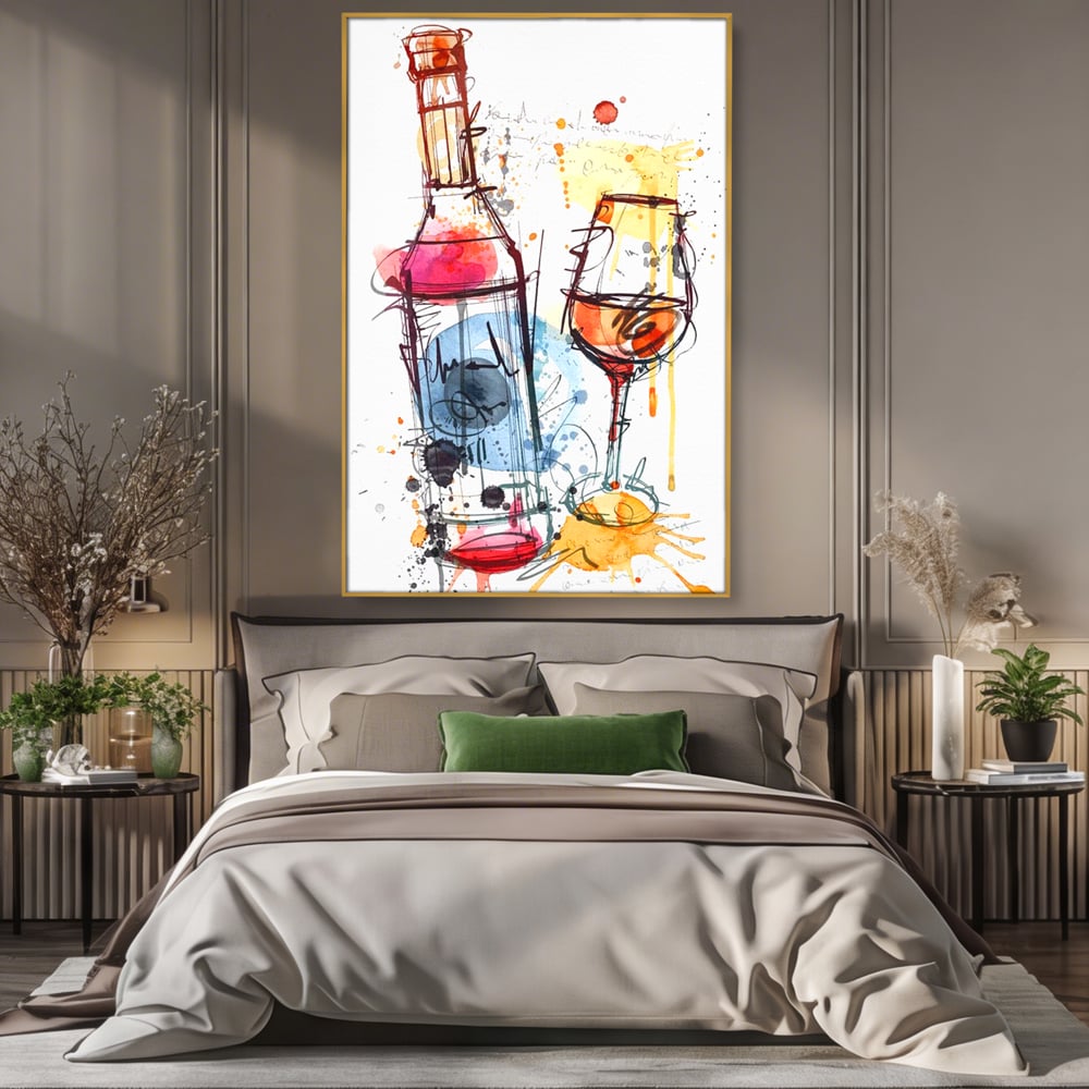 Tablou Canvas Premium, LuxCanva® N1042, Petrecere in Acuarela, Vin, Pahar, Sticla, Pictura, Modern, Boem, Animat, Arta Abstracta, Pub, Lounge, Bar, Restaurant, Bucatarie