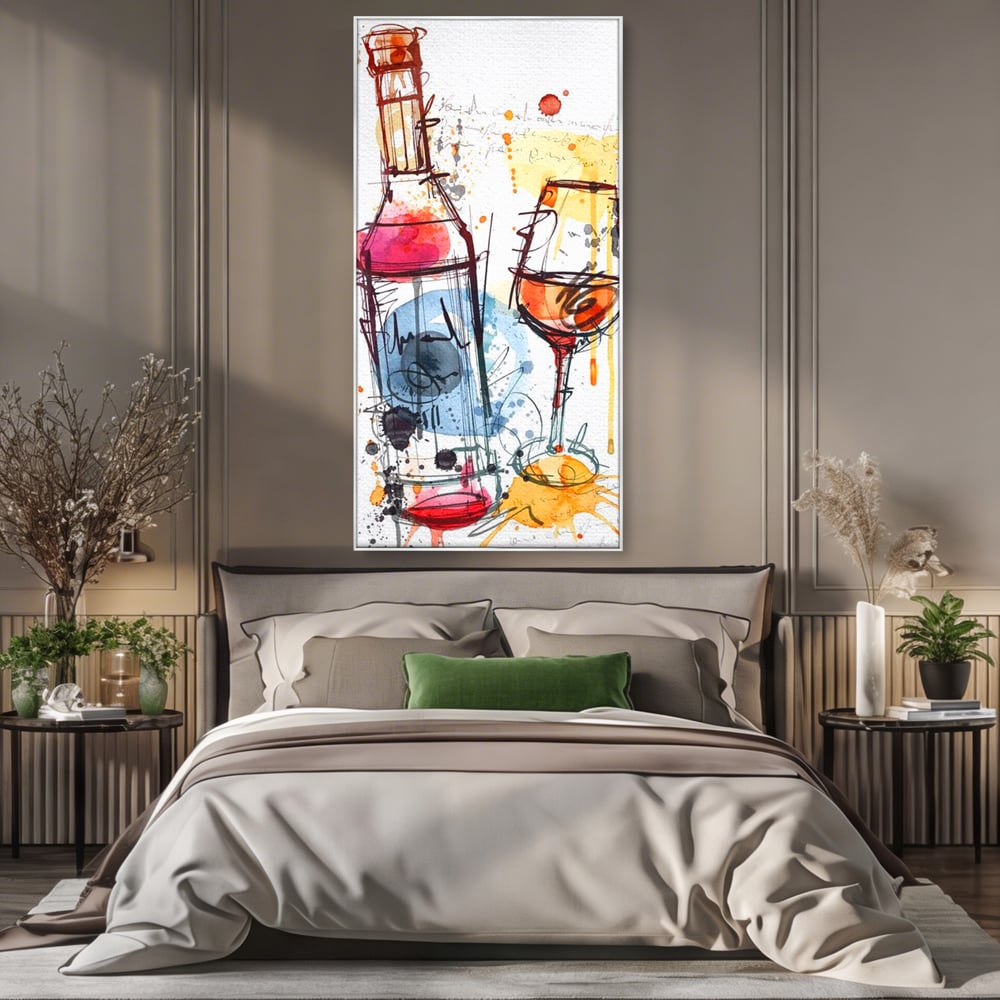 Tablou Canvas Premium, LuxCanva® N1042, Petrecere in Acuarela, Vin, Pahar, Sticla, Pictura, Modern, Boem, Animat, Arta Abstracta, Pub, Lounge, Bar, Restaurant, Bucatarie