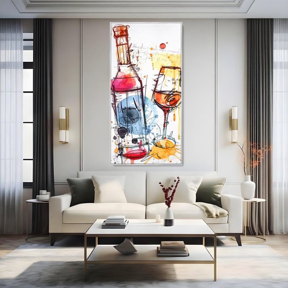 Tablou Canvas Premium, LuxCanva® N1042, Petrecere in Acuarela, Vin, Pahar, Sticla, Pictura, Modern, Boem, Animat, Arta Abstracta, Pub, Lounge, Bar, Restaurant, Bucatarie