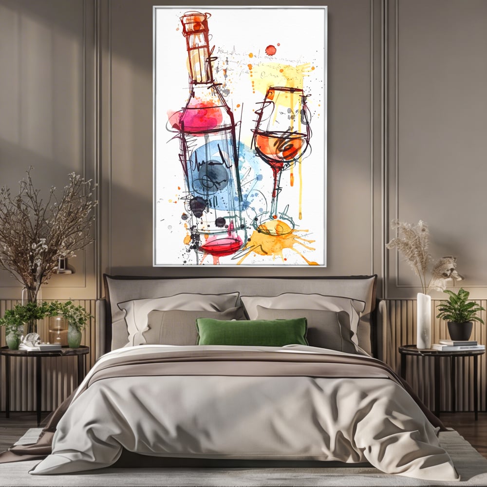 Tablou Canvas Premium, LuxCanva® N1042, Petrecere in Acuarela, Vin, Pahar, Sticla, Pictura, Modern, Boem, Animat, Arta Abstracta, Pub, Lounge, Bar, Restaurant, Bucatarie