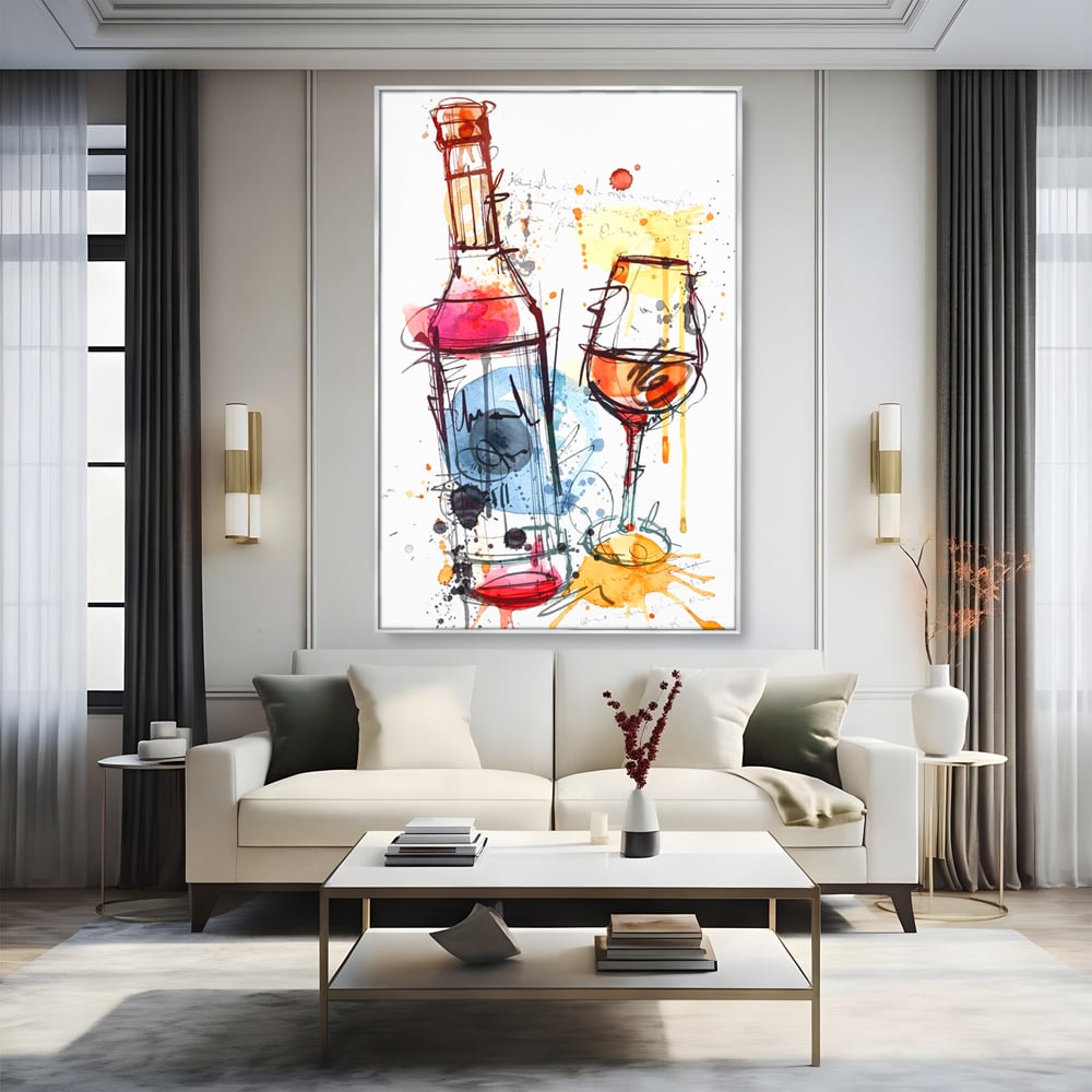 Tablou Canvas Premium, LuxCanva® N1042, Petrecere in Acuarela, Vin, Pahar, Sticla, Pictura, Modern, Boem, Animat, Arta Abstracta, Pub, Lounge, Bar, Restaurant, Bucatarie