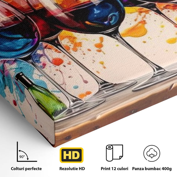 Tablou Canvas Premium, LuxCanva® N1043, Orchestra Somelierului, Bautura, Party, Pahare, Vin, Sticle, Multicolor, Vibrant, Energie, Veselie, Splash, Pub, Lounge, Bar, Restaurant, Bucatarie
