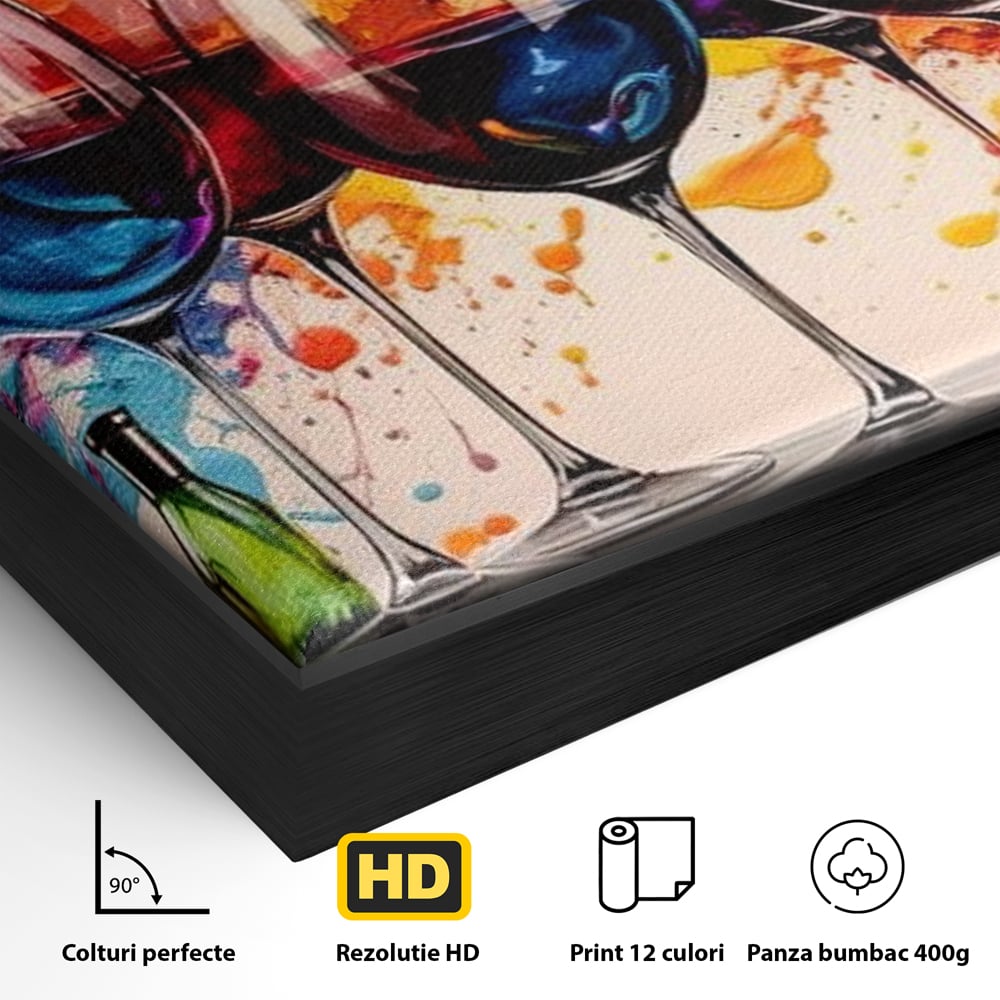 Tablou Canvas Premium, LuxCanva® N1043, Orchestra Somelierului, Bautura, Party, Pahare, Vin, Sticle, Multicolor, Vibrant, Energie, Veselie, Splash, Pub, Lounge, Bar, Restaurant, Bucatarie