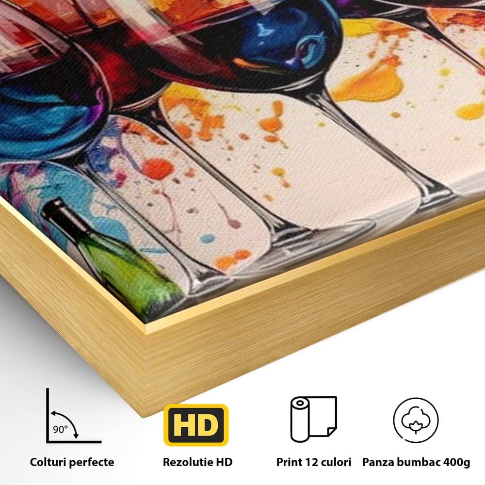 Tablou Canvas Premium, LuxCanva® N1043, Orchestra Somelierului, Bautura, Party, Pahare, Vin, Sticle, Multicolor, Vibrant, Energie, Veselie, Splash, Pub, Lounge, Bar, Restaurant, Bucatarie