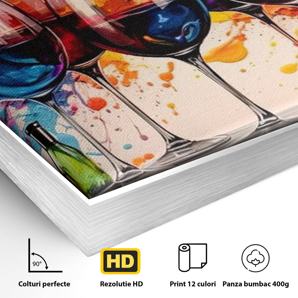 Tablou Canvas Premium, LuxCanva® N1043, Orchestra Somelierului, Bautura, Party, Pahare, Vin, Sticle, Multicolor, Vibrant, Energie, Veselie, Splash, Pub, Lounge, Bar, Restaurant, Bucatarie