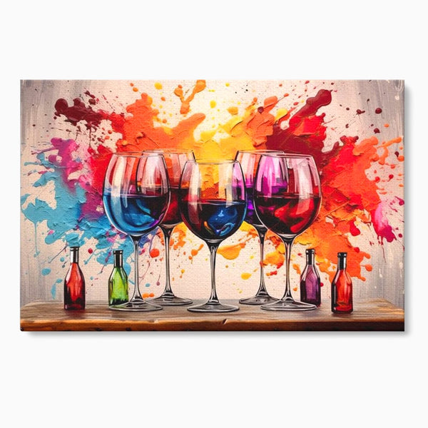 Tablou Canvas Premium, LuxCanva® N1043, Orchestra Somelierului, Bautura, Party, Pahare, Vin, Sticle, Multicolor, Vibrant, Energie, Veselie, Splash, Pub, Lounge, Bar, Restaurant, Bucatarie