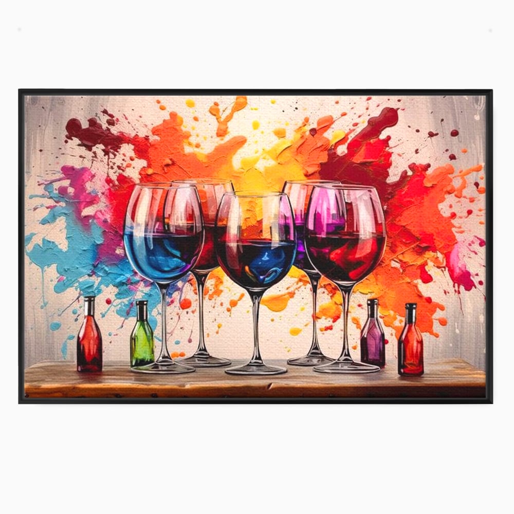 Tablou Canvas Premium, LuxCanva® N1043, Orchestra Somelierului, Bautura, Party, Pahare, Vin, Sticle, Multicolor, Vibrant, Energie, Veselie, Splash, Pub, Lounge, Bar, Restaurant, Bucatarie