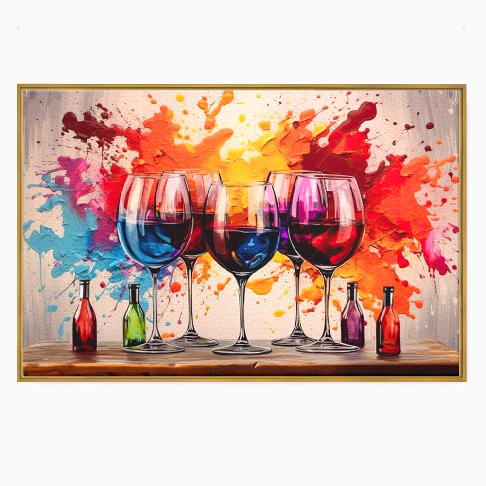 Tablou Canvas Premium, LuxCanva® N1043, Orchestra Somelierului, Bautura, Party, Pahare, Vin, Sticle, Multicolor, Vibrant, Energie, Veselie, Splash, Pub, Lounge, Bar, Restaurant, Bucatarie