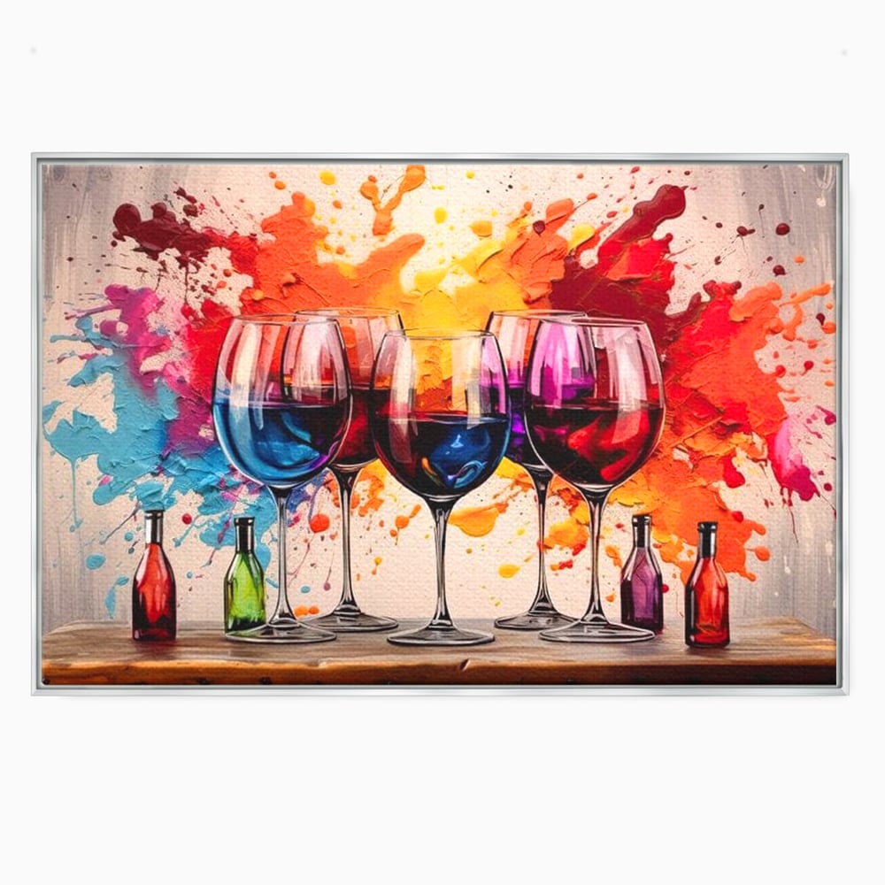 Tablou Canvas Premium, LuxCanva® N1043, Orchestra Somelierului, Bautura, Party, Pahare, Vin, Sticle, Multicolor, Vibrant, Energie, Veselie, Splash, Pub, Lounge, Bar, Restaurant, Bucatarie
