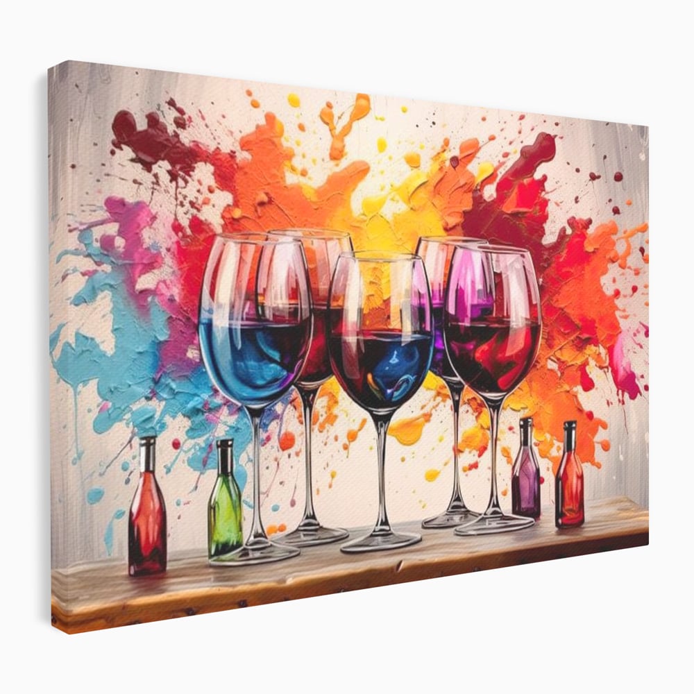 Tablou Canvas Premium, LuxCanva® N1043, Orchestra Somelierului, Bautura, Party, Pahare, Vin, Sticle, Multicolor, Vibrant, Energie, Veselie, Splash, Pub, Lounge, Bar, Restaurant, Bucatarie