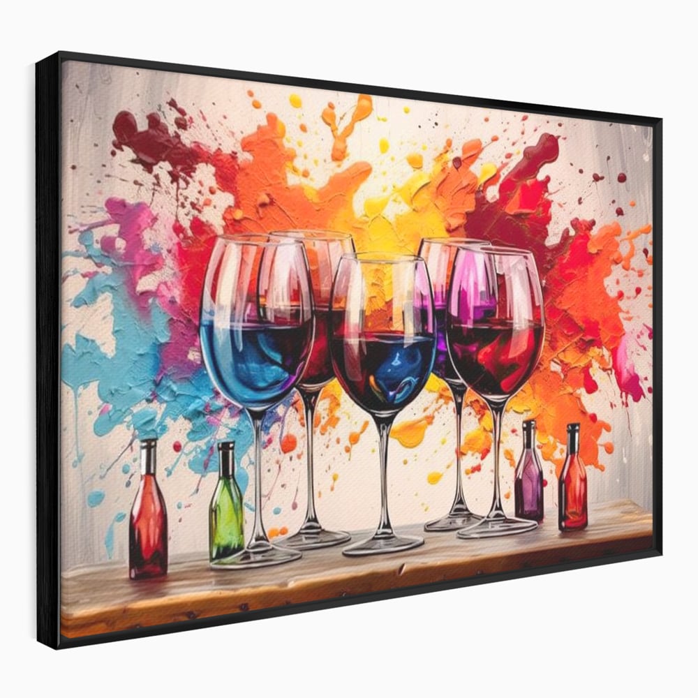 Tablou Canvas Premium, LuxCanva® N1043, Orchestra Somelierului, Bautura, Party, Pahare, Vin, Sticle, Multicolor, Vibrant, Energie, Veselie, Splash, Pub, Lounge, Bar, Restaurant, Bucatarie