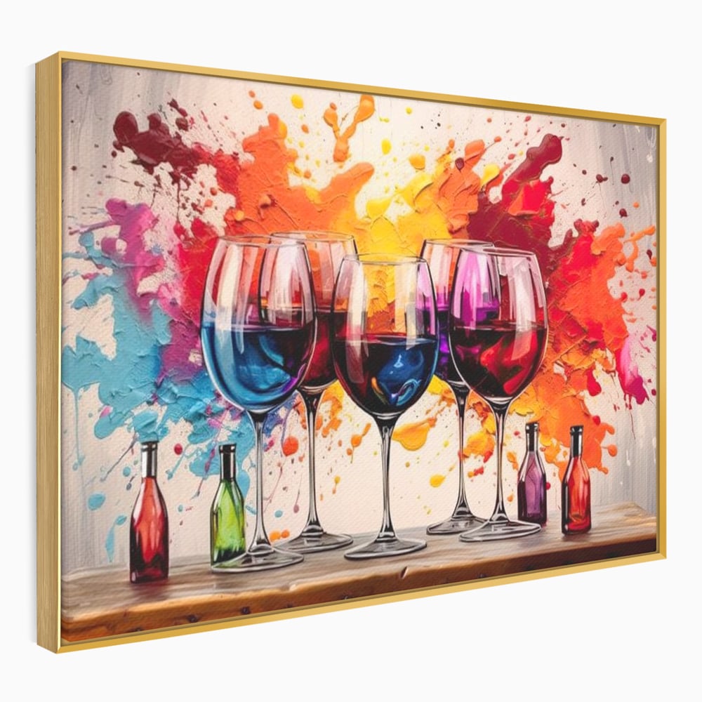 Tablou Canvas Premium, LuxCanva® N1043, Orchestra Somelierului, Bautura, Party, Pahare, Vin, Sticle, Multicolor, Vibrant, Energie, Veselie, Splash, Pub, Lounge, Bar, Restaurant, Bucatarie