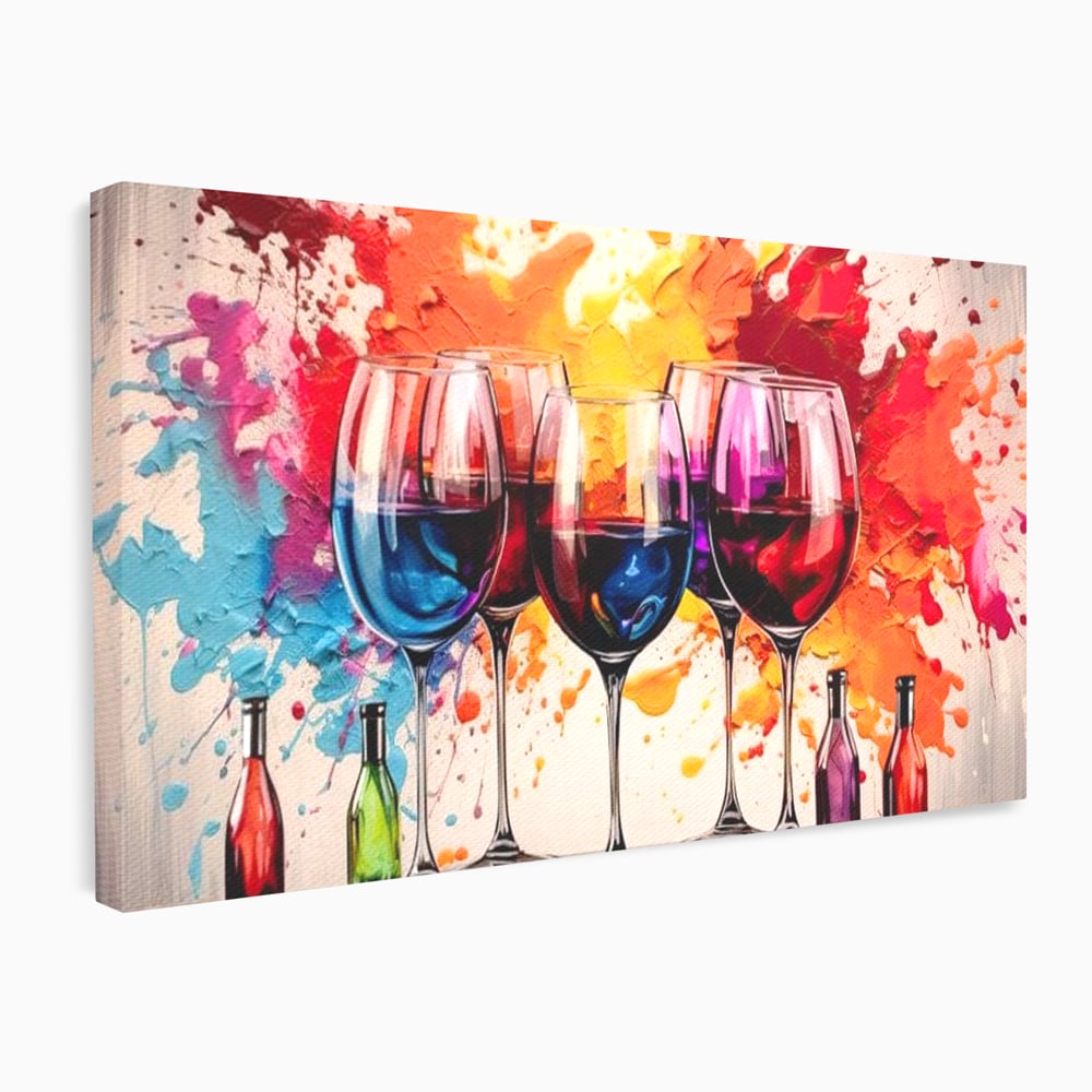 Tablou Canvas Premium, LuxCanva® N1043, Orchestra Somelierului, Bautura, Party, Pahare, Vin, Sticle, Multicolor, Vibrant, Energie, Veselie, Splash, Pub, Lounge, Bar, Restaurant, Bucatarie
