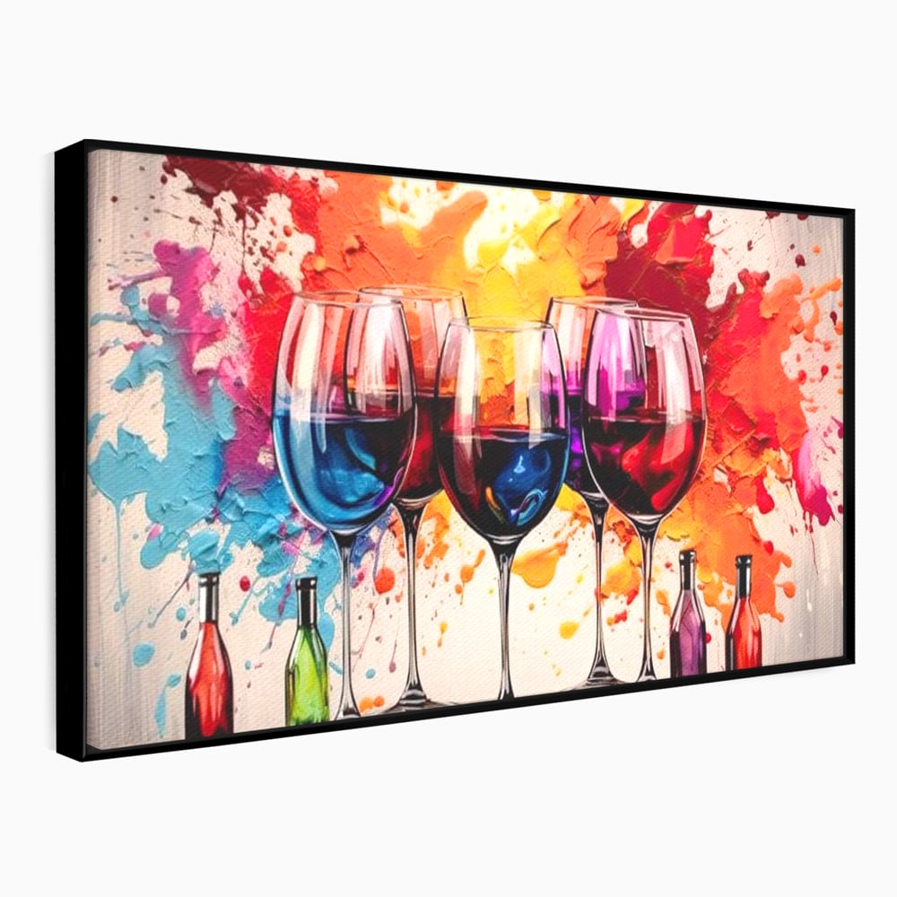 Tablou Canvas Premium, LuxCanva® N1043, Orchestra Somelierului, Bautura, Party, Pahare, Vin, Sticle, Multicolor, Vibrant, Energie, Veselie, Splash, Pub, Lounge, Bar, Restaurant, Bucatarie