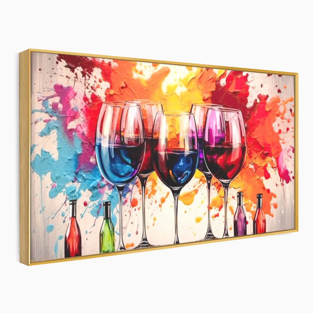 Tablou Canvas Premium, LuxCanva® N1043, Orchestra Somelierului, Bautura, Party, Pahare, Vin, Sticle, Multicolor, Vibrant, Energie, Veselie, Splash, Pub, Lounge, Bar, Restaurant, Bucatarie