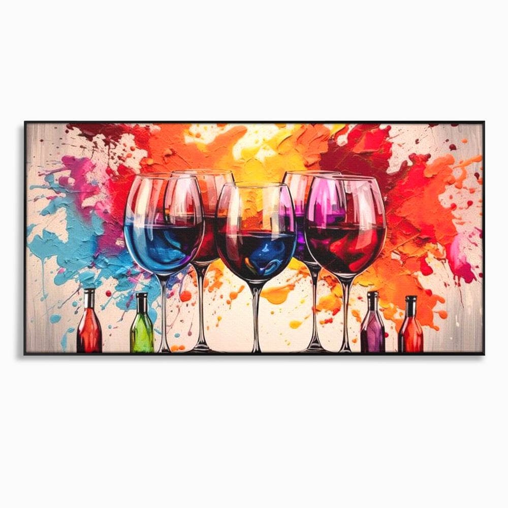 Tablou Canvas Premium, LuxCanva® N1043, Orchestra Somelierului, Bautura, Party, Pahare, Vin, Sticle, Multicolor, Vibrant, Energie, Veselie, Splash, Pub, Lounge, Bar, Restaurant, Bucatarie