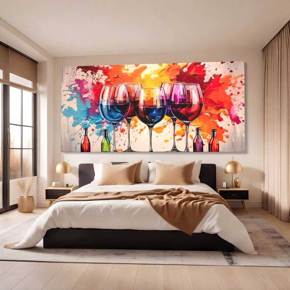 Tablou Canvas Premium, LuxCanva® N1043, Orchestra Somelierului, Bautura, Party, Pahare, Vin, Sticle, Multicolor, Vibrant, Energie, Veselie, Splash, Pub, Lounge, Bar, Restaurant, Bucatarie