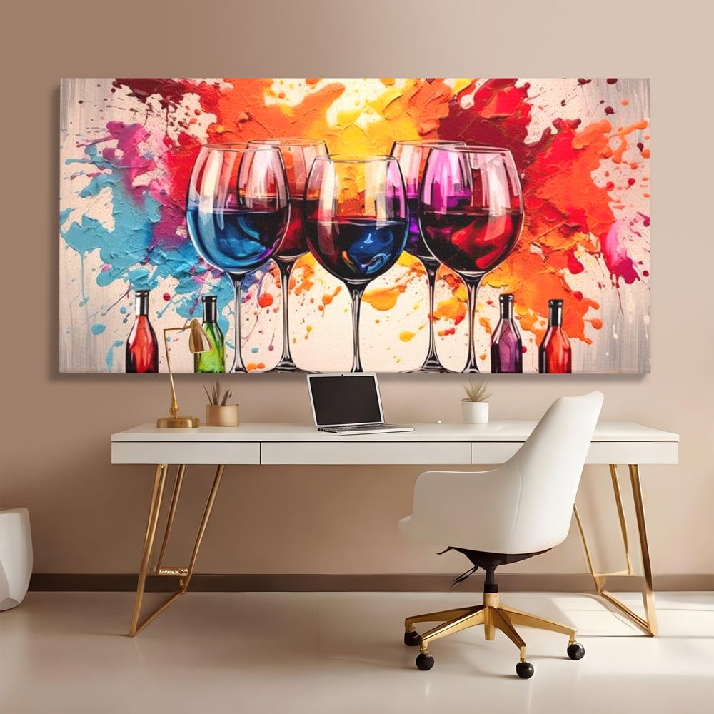 Tablou Canvas Premium, LuxCanva® N1043, Orchestra Somelierului, Bautura, Party, Pahare, Vin, Sticle, Multicolor, Vibrant, Energie, Veselie, Splash, Pub, Lounge, Bar, Restaurant, Bucatarie
