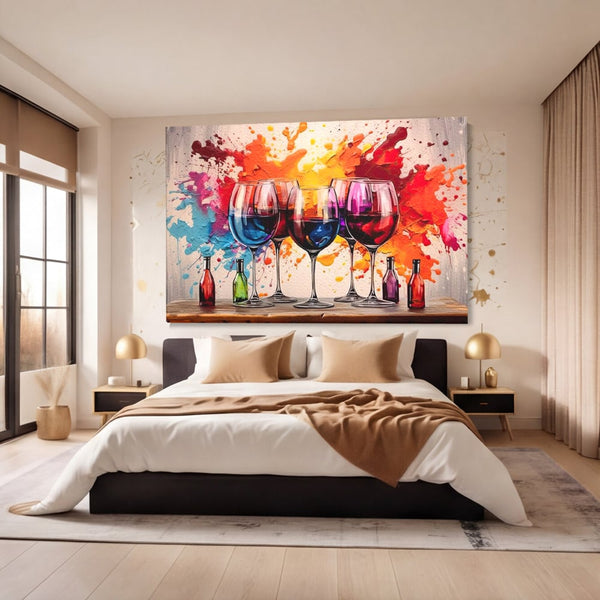 Tablou Canvas Premium, LuxCanva® N1043, Orchestra Somelierului, Bautura, Party, Pahare, Vin, Sticle, Multicolor, Vibrant, Energie, Veselie, Splash, Pub, Lounge, Bar, Restaurant, Bucatarie