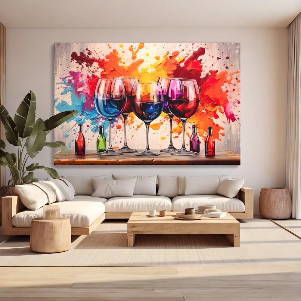 Tablou Canvas Premium, LuxCanva® N1043, Orchestra Somelierului, Bautura, Party, Pahare, Vin, Sticle, Multicolor, Vibrant, Energie, Veselie, Splash, Pub, Lounge, Bar, Restaurant, Bucatarie