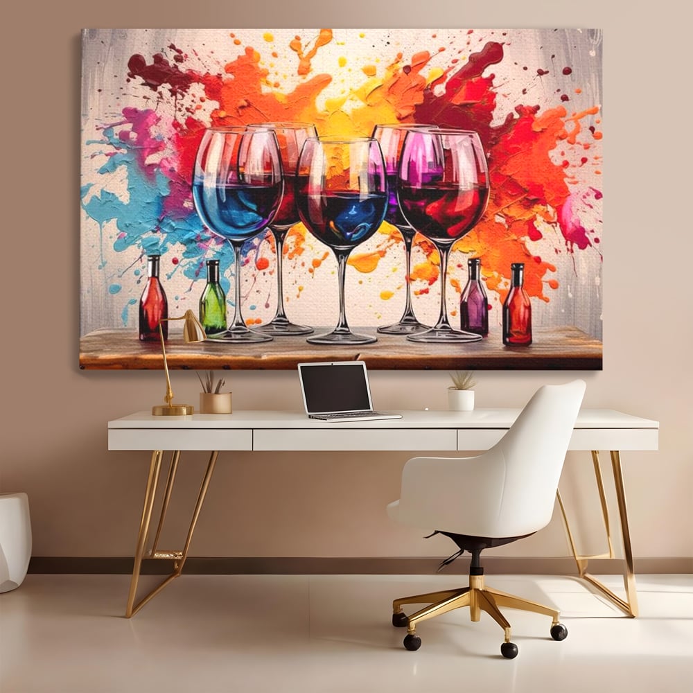 Tablou Canvas Premium, LuxCanva® N1043, Orchestra Somelierului, Bautura, Party, Pahare, Vin, Sticle, Multicolor, Vibrant, Energie, Veselie, Splash, Pub, Lounge, Bar, Restaurant, Bucatarie