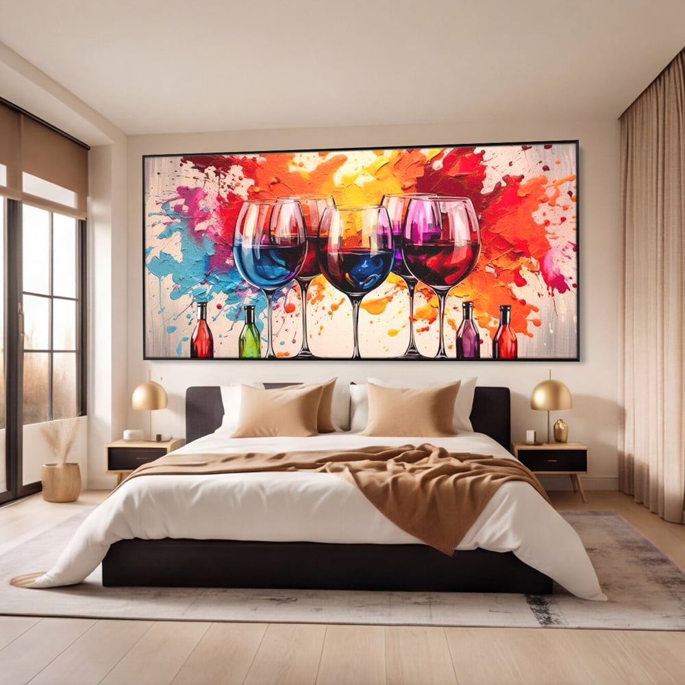 Tablou Canvas Premium, LuxCanva® N1043, Orchestra Somelierului, Bautura, Party, Pahare, Vin, Sticle, Multicolor, Vibrant, Energie, Veselie, Splash, Pub, Lounge, Bar, Restaurant, Bucatarie