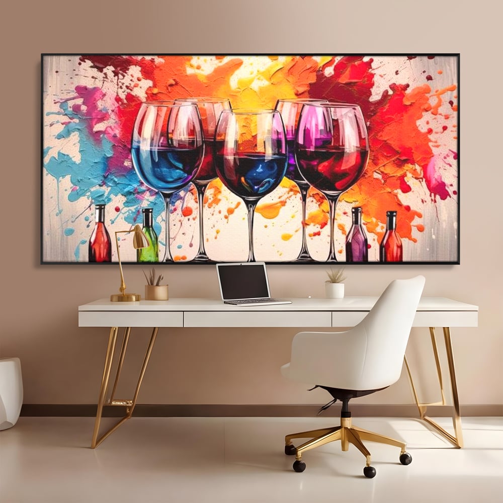 Tablou Canvas Premium, LuxCanva® N1043, Orchestra Somelierului, Bautura, Party, Pahare, Vin, Sticle, Multicolor, Vibrant, Energie, Veselie, Splash, Pub, Lounge, Bar, Restaurant, Bucatarie