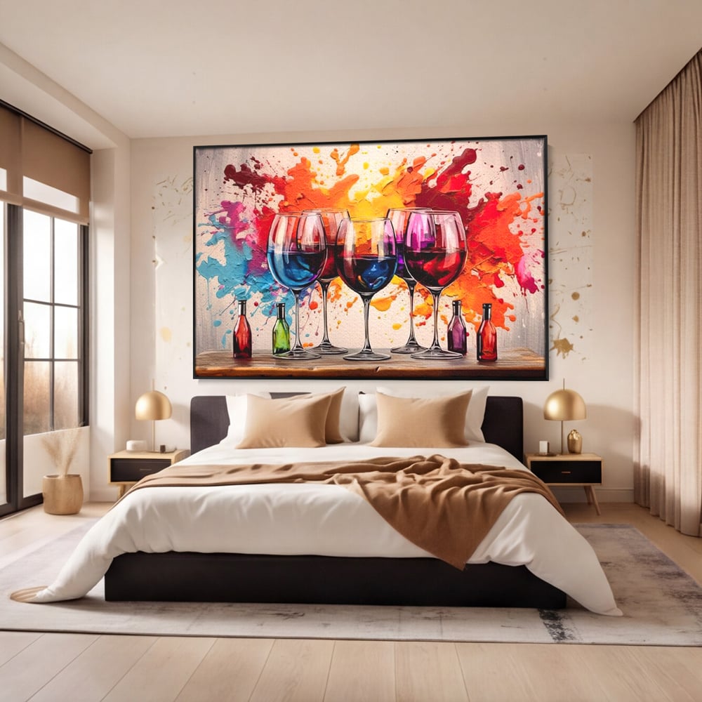 Tablou Canvas Premium, LuxCanva® N1043, Orchestra Somelierului, Bautura, Party, Pahare, Vin, Sticle, Multicolor, Vibrant, Energie, Veselie, Splash, Pub, Lounge, Bar, Restaurant, Bucatarie