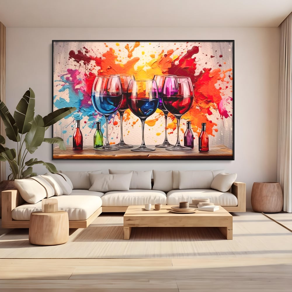 Tablou Canvas Premium, LuxCanva® N1043, Orchestra Somelierului, Bautura, Party, Pahare, Vin, Sticle, Multicolor, Vibrant, Energie, Veselie, Splash, Pub, Lounge, Bar, Restaurant, Bucatarie