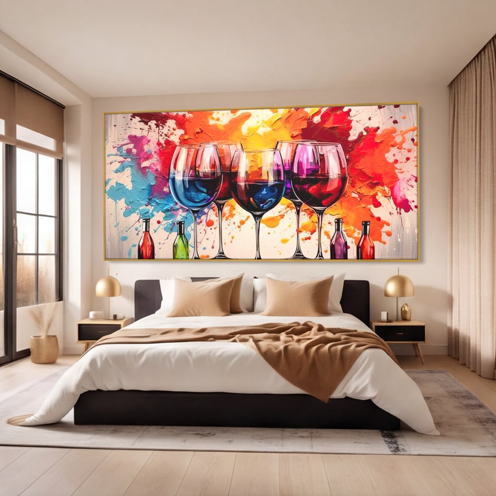 Tablou Canvas Premium, LuxCanva® N1043, Orchestra Somelierului, Bautura, Party, Pahare, Vin, Sticle, Multicolor, Vibrant, Energie, Veselie, Splash, Pub, Lounge, Bar, Restaurant, Bucatarie
