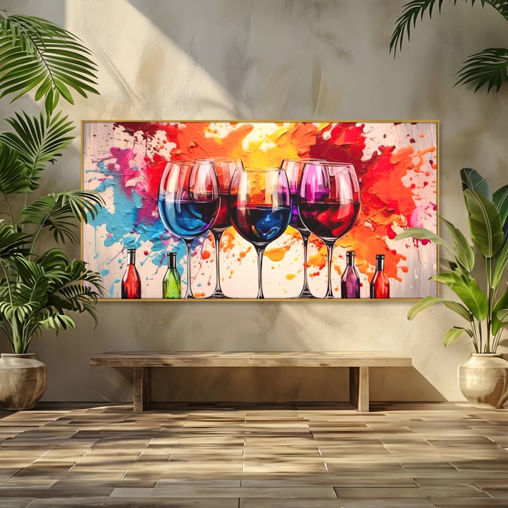 Tablou Canvas Premium, LuxCanva® N1043, Orchestra Somelierului, Bautura, Party, Pahare, Vin, Sticle, Multicolor, Vibrant, Energie, Veselie, Splash, Pub, Lounge, Bar, Restaurant, Bucatarie