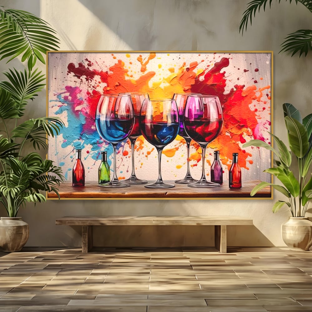 Tablou Canvas Premium, LuxCanva® N1043, Orchestra Somelierului, Bautura, Party, Pahare, Vin, Sticle, Multicolor, Vibrant, Energie, Veselie, Splash, Pub, Lounge, Bar, Restaurant, Bucatarie