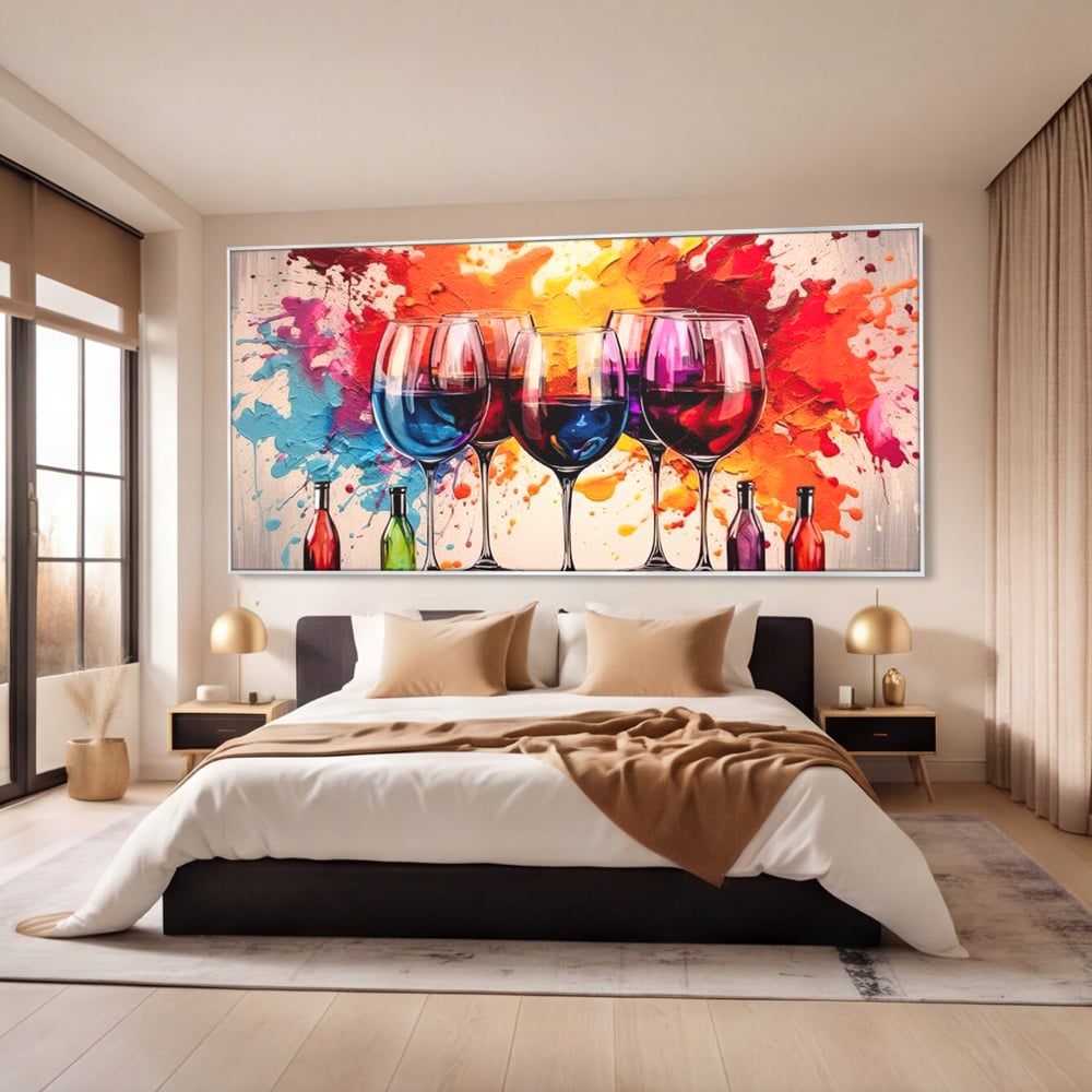 Tablou Canvas Premium, LuxCanva® N1043, Orchestra Somelierului, Bautura, Party, Pahare, Vin, Sticle, Multicolor, Vibrant, Energie, Veselie, Splash, Pub, Lounge, Bar, Restaurant, Bucatarie