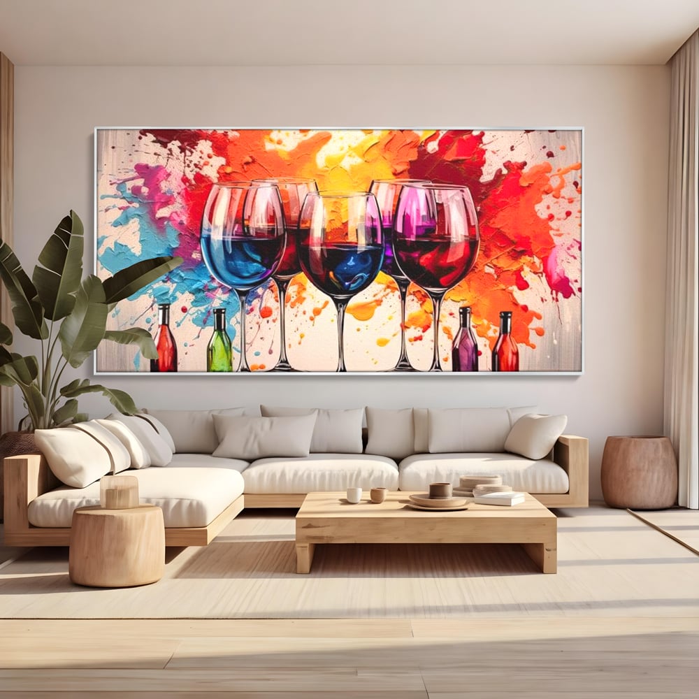 Tablou Canvas Premium, LuxCanva® N1043, Orchestra Somelierului, Bautura, Party, Pahare, Vin, Sticle, Multicolor, Vibrant, Energie, Veselie, Splash, Pub, Lounge, Bar, Restaurant, Bucatarie